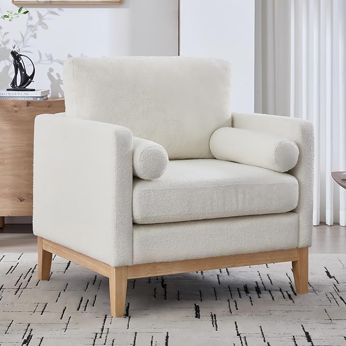 35.4 Modern Boucle Accent Chair with Deep Seat Oversized Wooden Upholstered Armchair Single Sofa Lounge Reading Chairs Large Accent Chair for Living Room/Bedroom/Office (Ivory &amp Style 1)