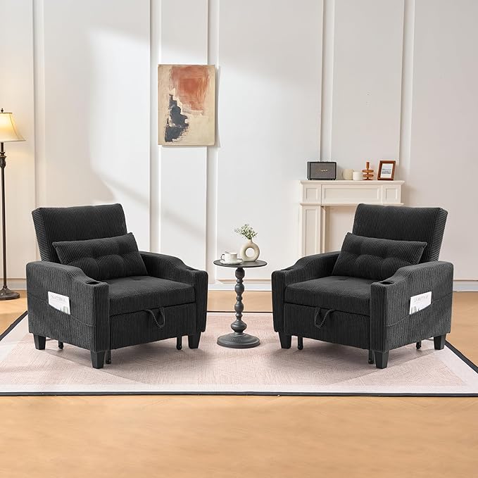 3 in 1 Convertible Sleeper Chair Corduroy Single Sleeper Sofa Bed Pull Out Sofa Bed Chair with Adjustable Backrest &amp Side Pockets for Living Room Black