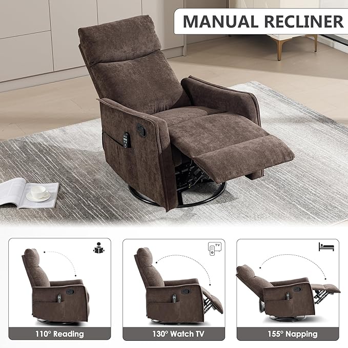 Swivel Rocker Recliner Chair 360° Swivel Recliner with Heat and Massage Rocker Recliner Easy to Clean Nursery Glider Recliner Chair with Side Pockets for Living Room Brown