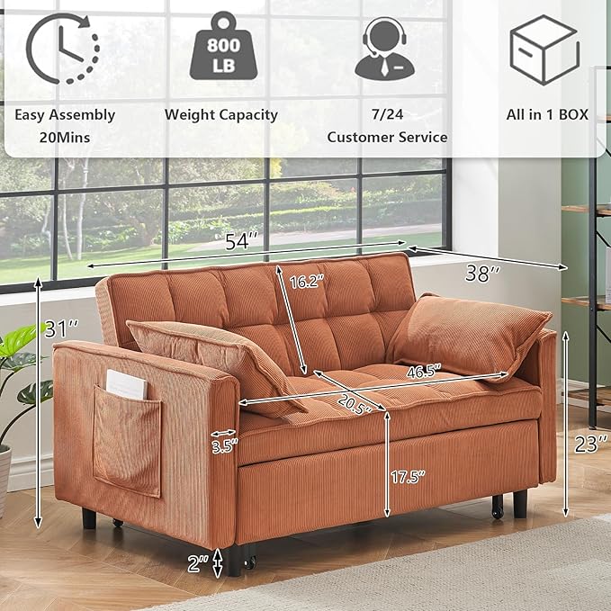 3 in 1 Convertible Sleeper Sofa BedFuton Pull Out Couch with Adjustable BackrestVelvet Fabric Loveseat Sofa with Side Pocket for Bedroom Living Room (Orange)