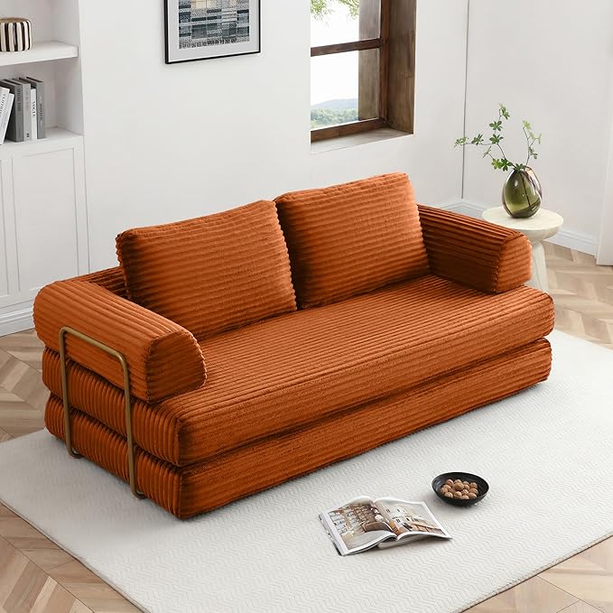 80 Inch Convertible Sleeper Sofa Bed with High Backrest Plush Corduroy Boneless Folding Floor Mattress Couch Bed with Fixed-Shape Frame Futon Loveseat No Assembly Required Orange