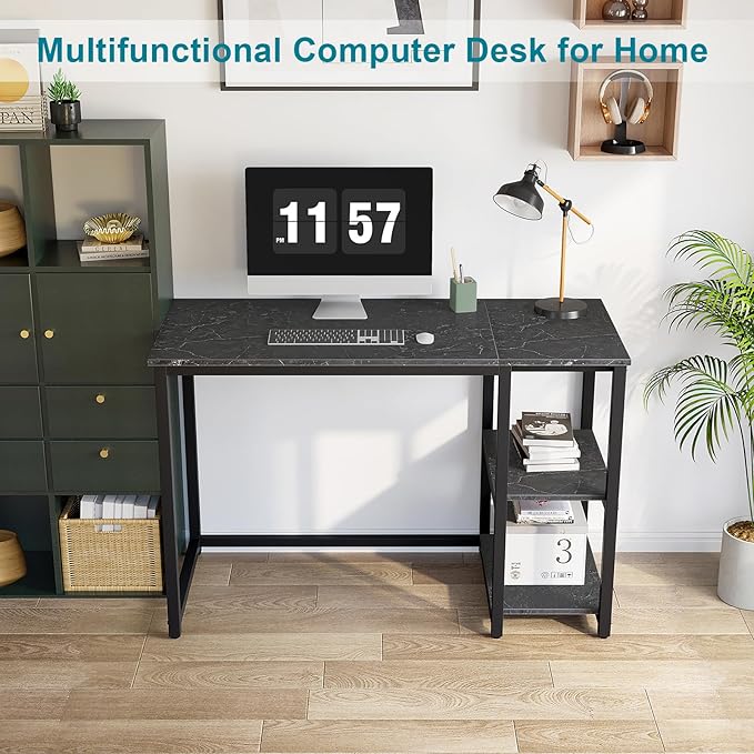 SINPAID Computer Desk 40 inches with 2-Tier Shelves Sturdy Home Office Desks with Large Storage Space Modern Gaming Desk Study Writing Laptop Table Black Marble