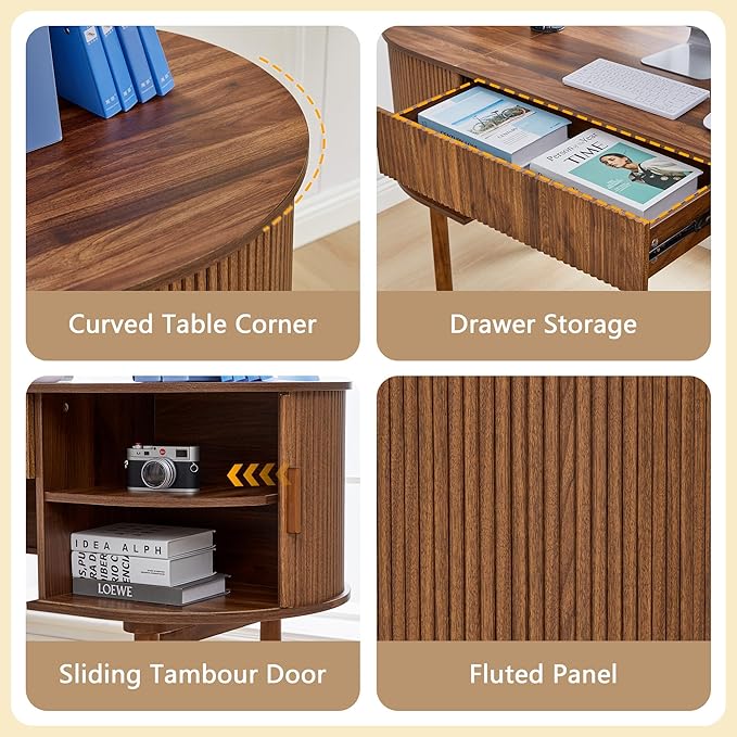 ORRD Home Office Oval Desk with Sliding Tambour Door and Drawer Modern Fluted Wood Executive Computer Storage Desk for Study Living Room Bedroom Office - Walnut