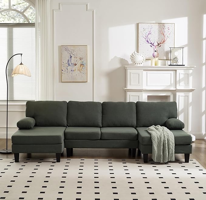 U Shaped Sectional Couches for Living Room 106.3 Modular Sofa with Double Chaises 4-Seater Sofa with Memory Foam Cushions Comfy Sectional Couches for Apartment Reception Room Green
