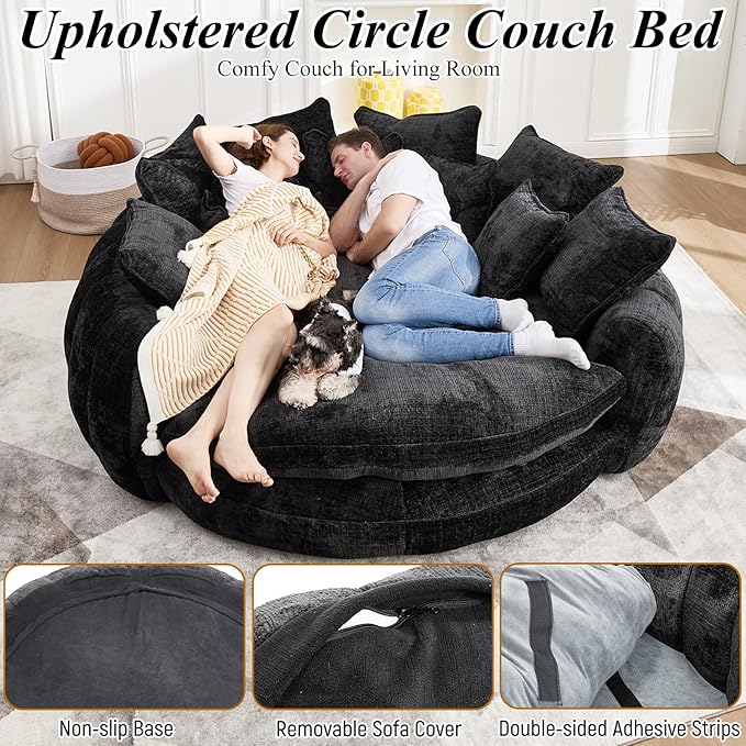 81'' Cloud Couches for Living Room Comfy Circle Round Couch Bed with 14 Pillows Upholstered Boneless Couch Oversized Chaise Lounge Chair Indoor Extra Wide Round Daybed Floor Sofa (Black)