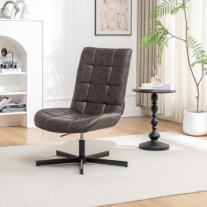 Faux Leather Tufted Swivel Accent Chair – Adjustable Height 360° Rotation Modern 5-Point Metal Base for Home Office &amp Living Room (Brown)