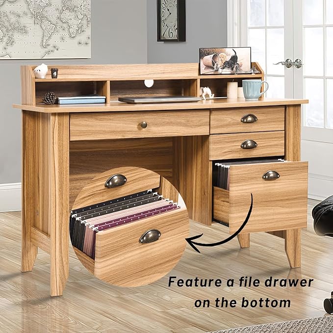 Catrimown Computer Desk with Drawers and Hutch Farmhouse Home Office Desk with File DrawerStudent Girls DesksTeens Writing Table Small Computer Desk for Bedroom Rustic Oak