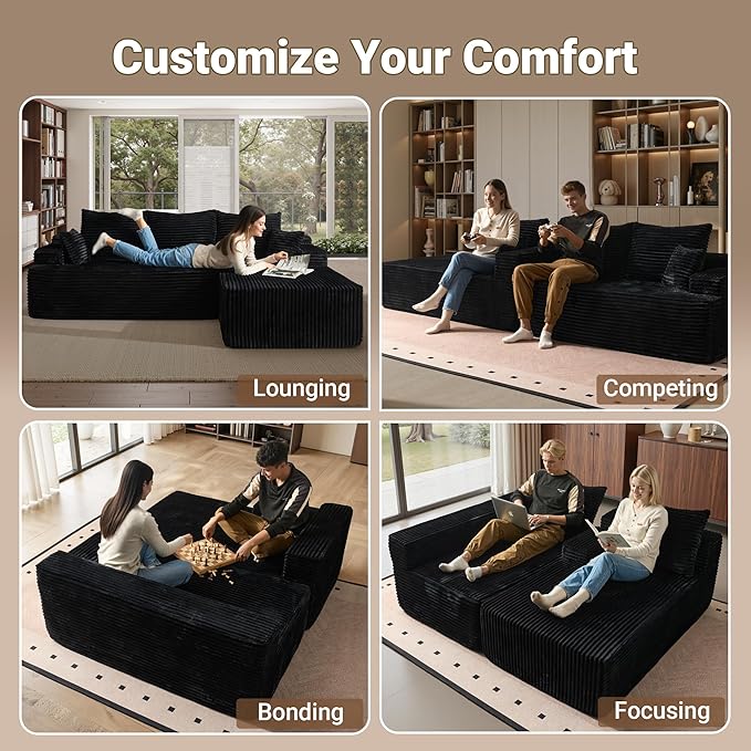 96 Cloud Sectional Couches for Living RoomL Shaped Boneless Couch with Comfy ChaiseModular Sofa with Deep Seat No Assembly RequiredBlack | Tool Free Assembly