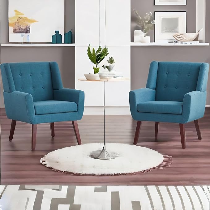 HUIMO Accent Chair Set of 2 Upholstered Button Tufted Armchair Linen Fabric Sofa Chairs for Bedroom Living Room Mid Century Modern Comfy Reading Chair (2Lake Blue)