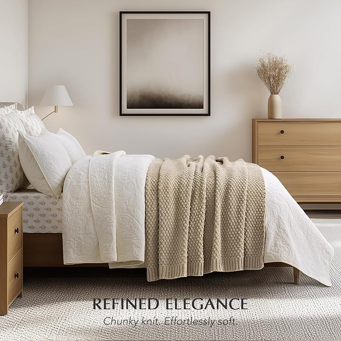 EVERGRACEHOME Chunky Chenille Knit Throw Blanket for Couch Soft Luxurious Moss Stitch Blankets for Bed Cozy Decorative Farmhouse Knitted Throws for Sofa Sand Dune 50 x 60