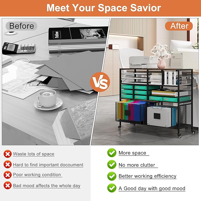 EasyPAG Rolling Cart with 2 Storage Drawer Under Desk Filling Cabinet with Mail Sorter Pull Out Hanging File Rack for Letter Size Folders Mobile Utility Craft Cart for Home Office Black