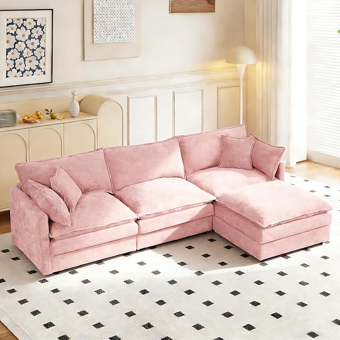 102 Cloud Sectional Couch Modular L Shaped Sofa with Movable Ottoman Comfy Chenille Deep Seat Sofa with Throw Pillows 3-Seater Cloud Couches for Living Room Apartment