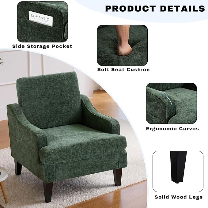 Set of 2 Accent Chair for Living RoomMid-Century Arm Chair Chenille Fabric Living Room ChairsUpholstered Reading Chair for BedroomSingle Sofa Chair with Wood Legs for Apartment (Green)