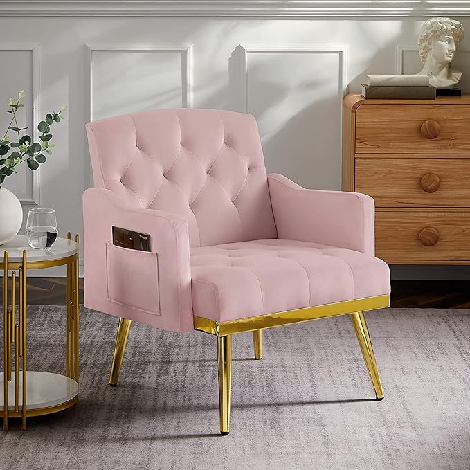 Velvet Tufted Accent ChairModern Upholstered Accent Living Room ChairComfy Armchair with Rose Golden Metal LegsTufted Singe Sofa Chair for Reading or Loungingfor Bedroom Office Decorative (Pink)