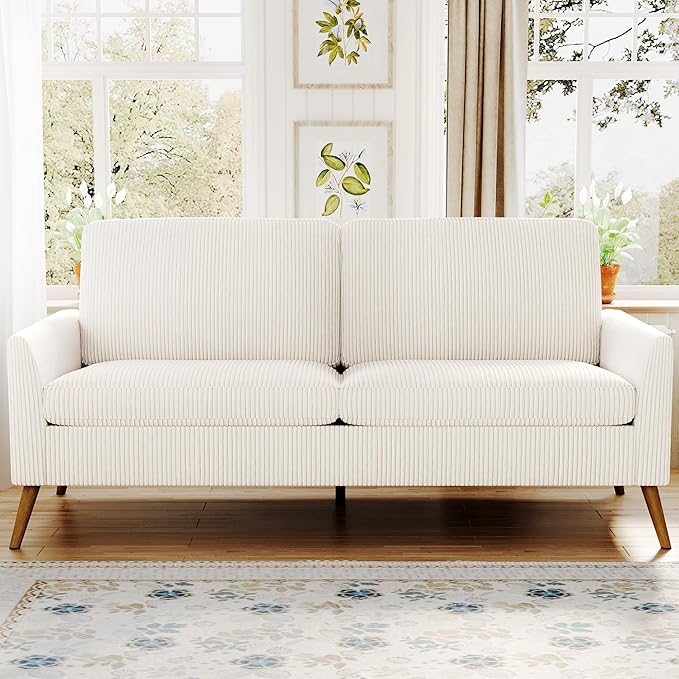 68 Loveseat Sofa Comfy White Corduroy Couches for Living Room Mid Century Modern Love Seat Sofa Tool-Free Setup Small Couches for Bedroom Office