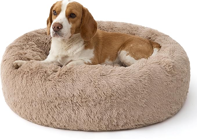 Bedsure Calming Dog Bed Medium Size Dog - 30in Donut Round Washable Medium Pet BedAnti-Slip＆Removable Cover420GSM Anti-Anxiety Fluffy Plush Faux FurFits up to 45 lbs PetsPlus Version
