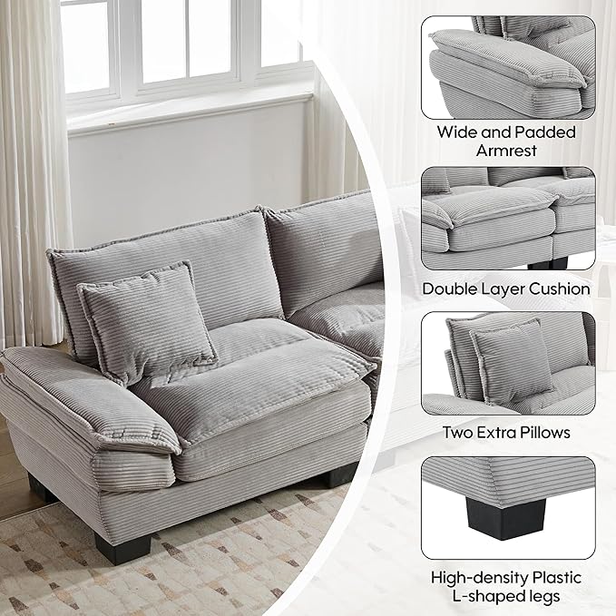 Modern 84 Corduroy Loveseat Sofa Ultra-Comfy Couch with 2 Pillows for Apartment Living Room Bedroom Home Office (Light Gray)