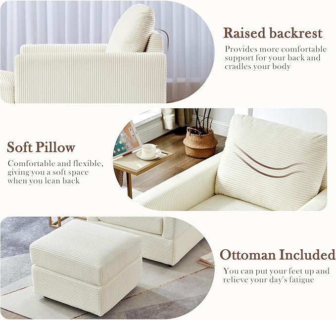 Aoiy &amp Wifon Accent Chair with Ottoman Upholstered Reading Chair with Ottoman Comfy Armchair with Wooden Legs Corduroy Beige