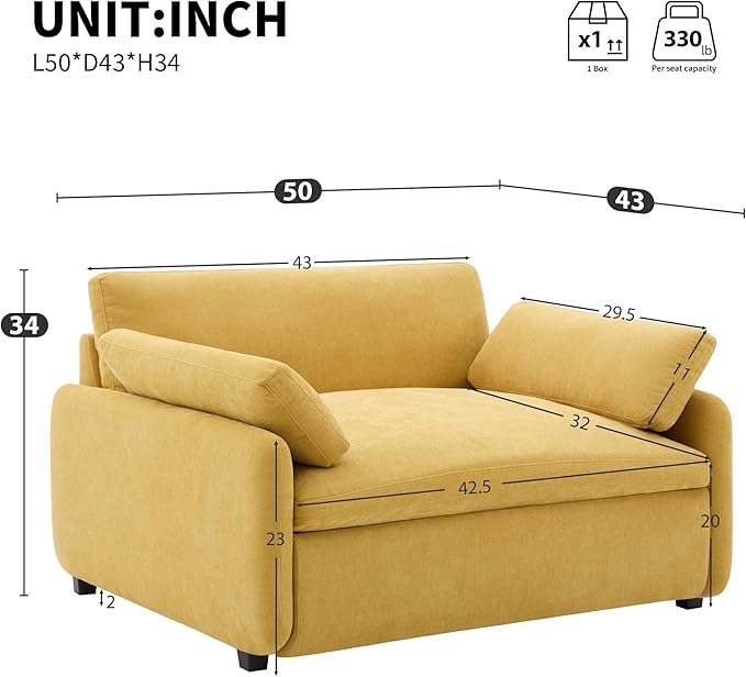 50 * 43 Oversized Single Sofa Chair Modern Chenille Upholstered Armchair Wide and Deep Seat Accent Chair with Two Throw Pillows Color Blocking Couch Lounge for Living Room (Yellow/5)