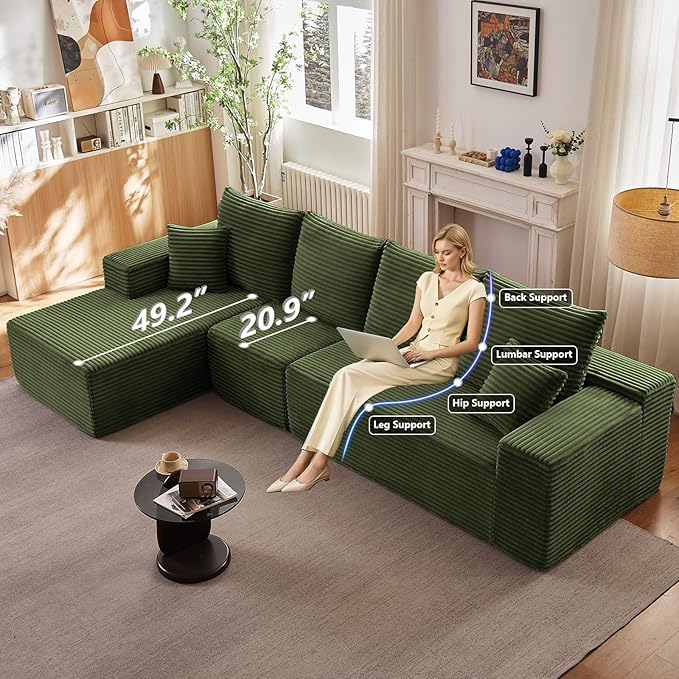 135 Cloud Sectional Couch with L-Shape Chaise Modern Modular Comfy Sofa with Deep Seat Upholstered Corduroy Couches Sleeper Chaise Longue for Living Room Bedroom No Assembly Required Green