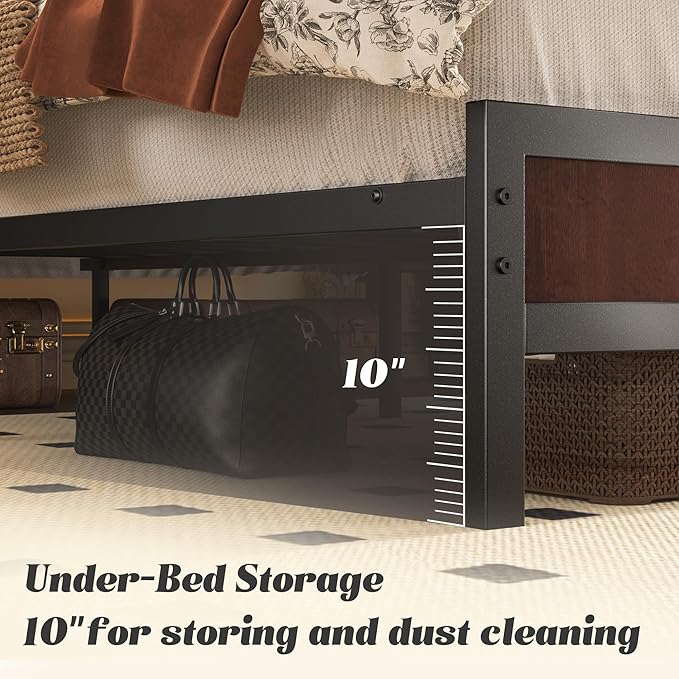 Queen Bed Frame with Headboard &amp Footboard Bed Frame with Built-in Charging Station &amp LED Light Storage Shelf Noise-Free No Box Spring Needed Easy Assembly Coffee Brown