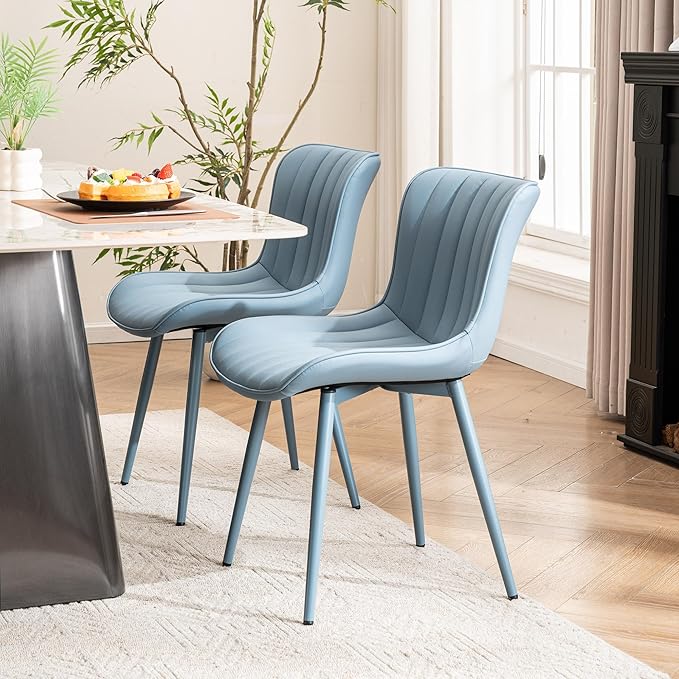 YOUNUOKE Mid-Century Modern Dining Chairs Set of 2 Blue PU Leather Upholstered Kitchen Chairs with Blue Metal Legs Armless Accent Chair for Dining Room Guest Reception Room