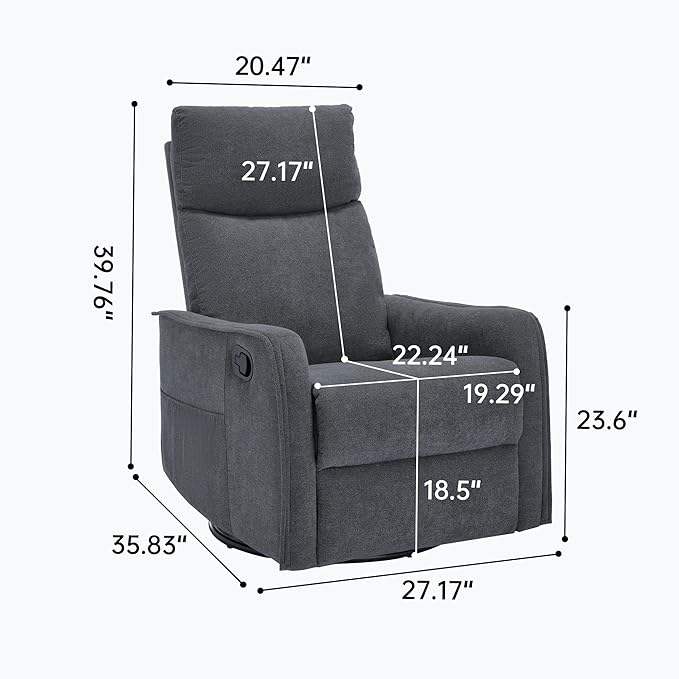 PELUMY 360 Swivel Rocking Recliner Chair for Adults Nursery Rocking Chair with Heat and Massage Glider Reclining Chair for Small Space Living Room Bedroom (Dark Grey)