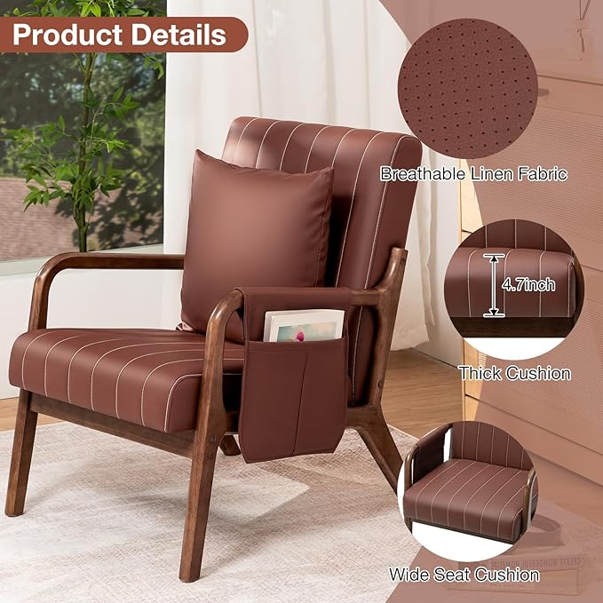 HOMMPA Mid-Century Modern Accent Chair Set of 2 Comfy Reading Armchair with Solid Wood Frame &amp Lumbar Pillow Upholstered Linen Lounge Chair with Side Pocket for Living Room BedroomBalcony (Bro