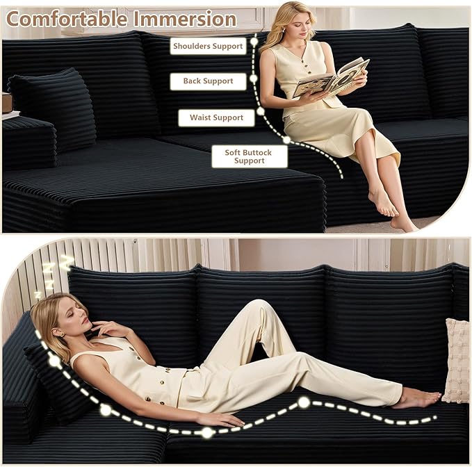 Cloud Modular Sectional Sofa for Living Room167x69.7 W Oversized L-Shaped Couch with 7 PillowsBig Comfy Couches SetFluffy Deep-Seat Corduroy Sofa with ChaiseNo Assembly (BlackLeft-Facing Chaise)