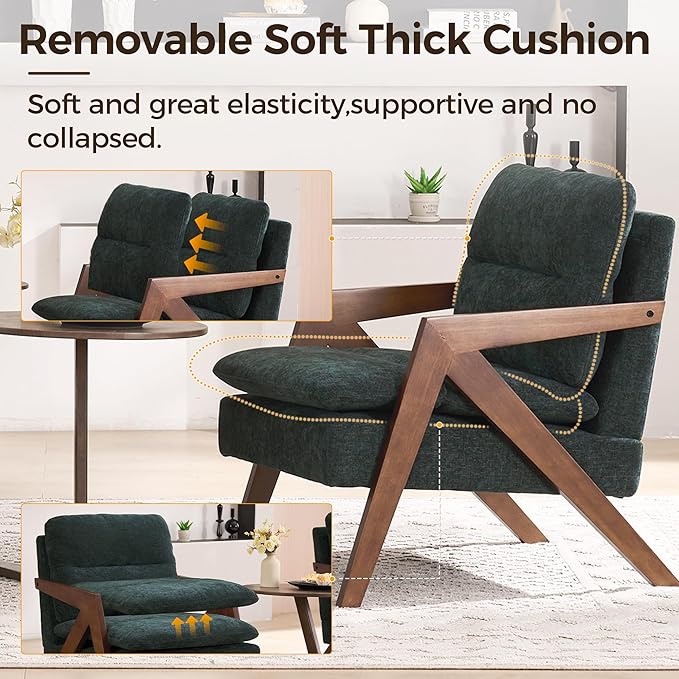Mid-Century Modern Accent Chair with Solid Wood FrameTufted Upholstered Chenille Living Room Arm Chairs with Thick Cushion for Bedroom Living Room Reading RoomBalconyGreen