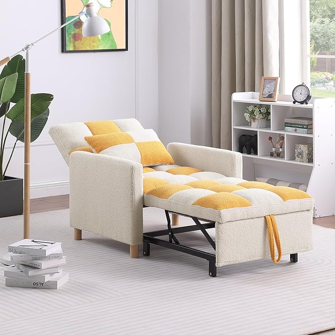 Sleeper Sofa Bed 3-in-1 Convertible Chair Bed Multi-Functional Sleeper Chair Soft Teddy Fabric for Living Room Apartment Office (White&ampYellow)