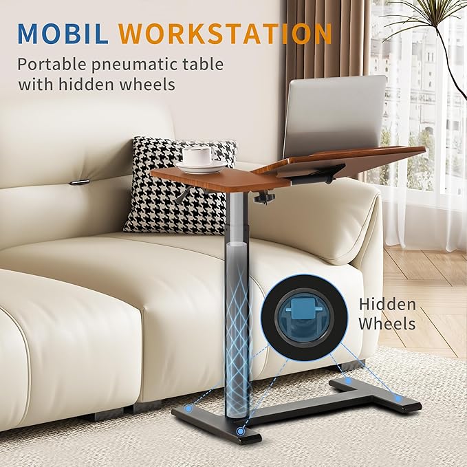 Adjustable Overbed Bedside Table with Hidden Wheels Pneumatic Tilt Board Rolling Laptop Standing Desk Cart Mobile Over Bed Sofa Chair Side End Tables Walnut (Walnut)