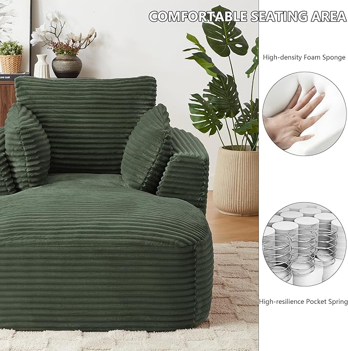 45.3W Boneless Chaise Lounge Sofa Chair Indoor Oversized Corduroy Reading Cloud Couch with Soft Pillows Comfy Single Seat Floor Sleeper Sofa Bed for Living Room Apartment Office Small Spaces