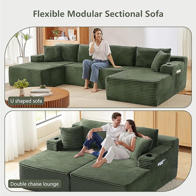 134 Oversized U Shaped Cloud Couch Boneless Modular Sectional Sofa for Living Room 5 Seat Couch with Storage Pockets &amp Cup Holders Free Combination No Assembly Required Green