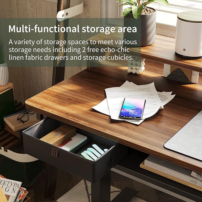 FEZIBO L Shaped Standing Desk with LED Strip &amp 2 Drawers Triple Motors Supports Over 300lbs Upper and Lower Storage Shelves Available Electric Height Adjustable for Home Office Black Walnut