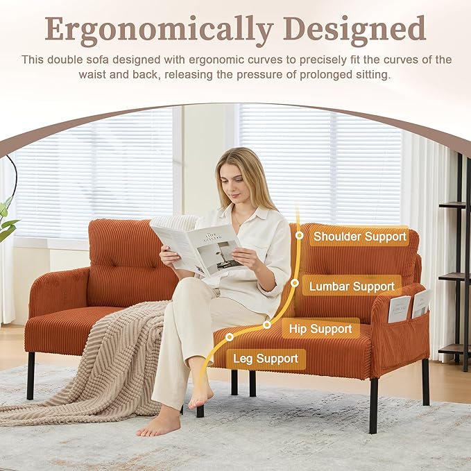 KEIKI 67 Corduroy Loveseat Sofa with Double Side Pockets &amp High Resilience Cushion Modern Style Upholstery Oversized 2-Seater Couch with Metal Legs Easy Assembly for Living Room Orange