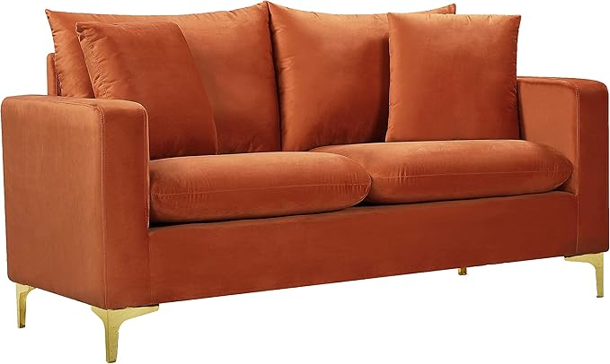 Meridian Furniture 633Cognac-L Naomi Collection Modern | Contemporary Velvet Upholstered Loveseat with Deep Channel Tufting and Rich Gold Stainless Steel Legs Cognac 58 W x 33.5 D x 30 H