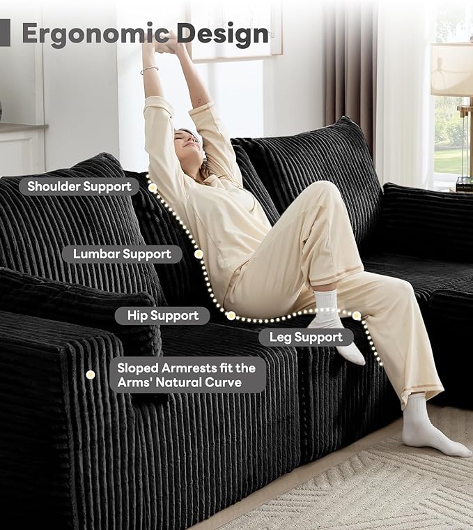 Tbfit Sectional Cloud Couch for Living Room Modular Sofa Bed with Angled Armrest Comfy Boneless Sofa with Wide Seat &amp Deep Seat Black