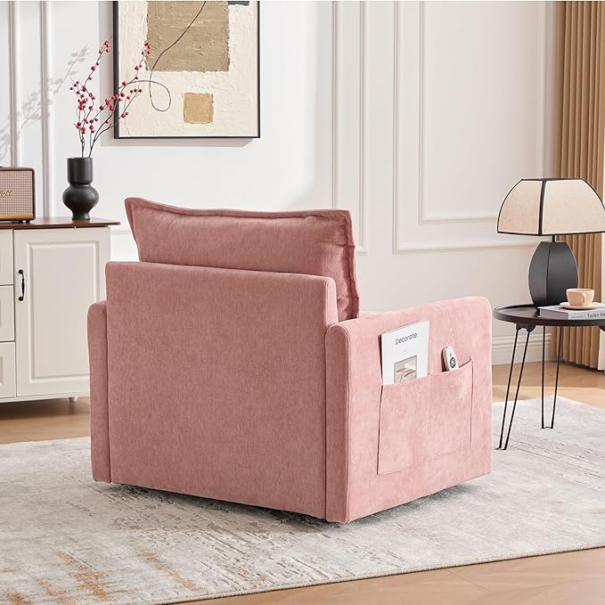Oversized Swivel Barrel Accent Chair Chenille Comfy Cloud Sofa Chair with Large Seat and Upholstered Armrests Modern Extra Wide Armchair Reading Chairs for Bedroom Living Room (Pink)