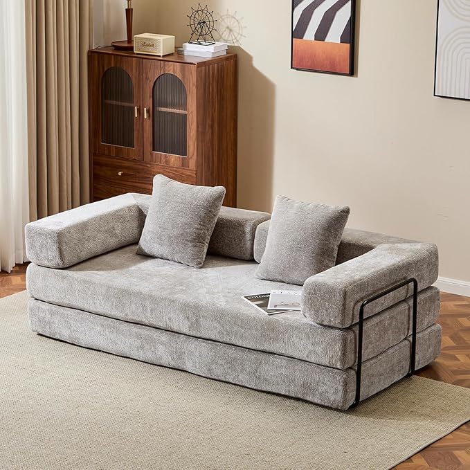 77 Convertible Sleeper Sofa Bed with Fixed-Shape Frame Modern Chenile Folding Boneless Couch with 2 Pillows Comfy Floor Sofa Couch for Living Room No Assembly Required Light Grey