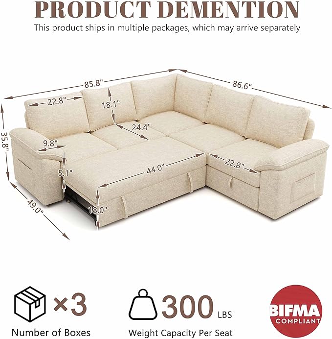 85 Inch Modular Sectional Sofa with Pull Out Bed L Shaped 5 Seat Sectional Sleeper Sofa with Storage Sectional Couches for Living Room Cloud Modular Couch Removable Sofa Cover Beige