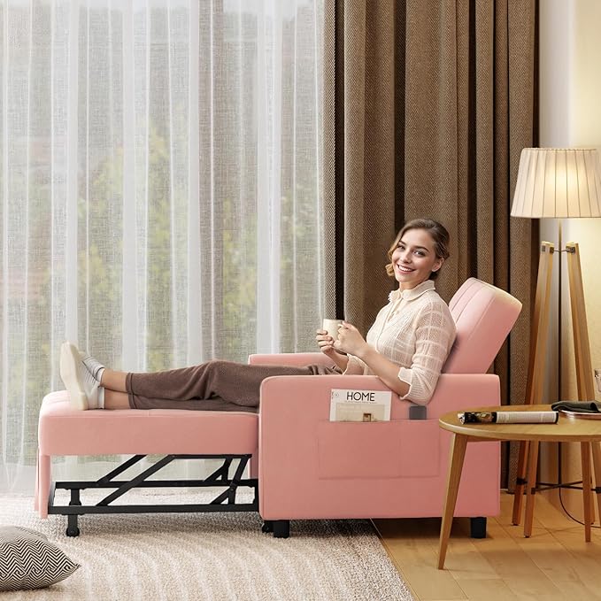 Aiho Convertible Sleeper Chair with Pillow &amp Pocket 3-in-1 Sofa Bed in Modern Linen Fabric for Apartment Pink