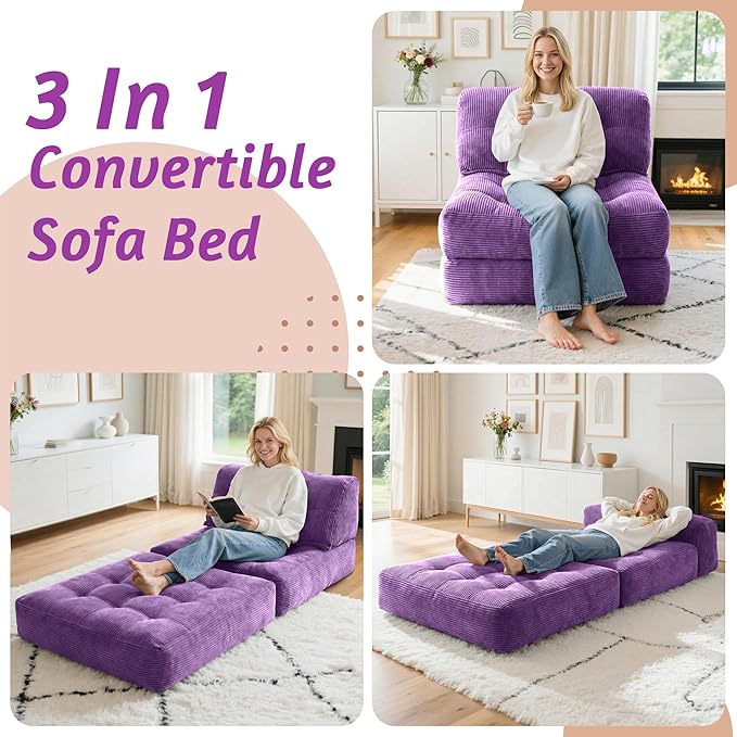 HABUTWAY Folding Sofa Bed Convertible Sleeper Chair Bed with Pillow &amp Handle Foldable Mattress with Back Support Portable Single Couch Comfy Floor Sofa Lounge for Living Room Bedroom(Dark Purp