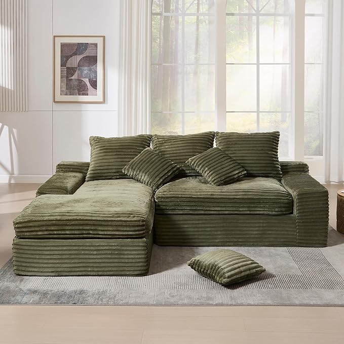 99 Cloud Modular Sectional CouchL-Shape Sofa Couch with Deep SeatModern Boneless Compressed Sofa with Chaise3 Seater Corduroy Couches for Living Room Bedroom No Assembly Required (Green)