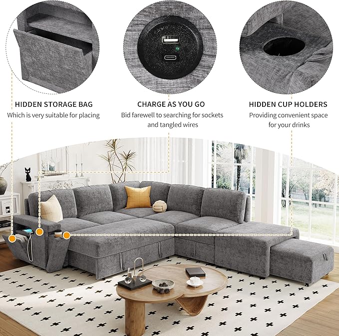Convertible Sleeper Sectional Sofa with Pull-Out Bed and Storage Space &amp Ottoman Armrest w/USB Ports &amp Cup Holders Corner 6 Person L-Shape Modular Couch for Living Room Apartment (Grey)
