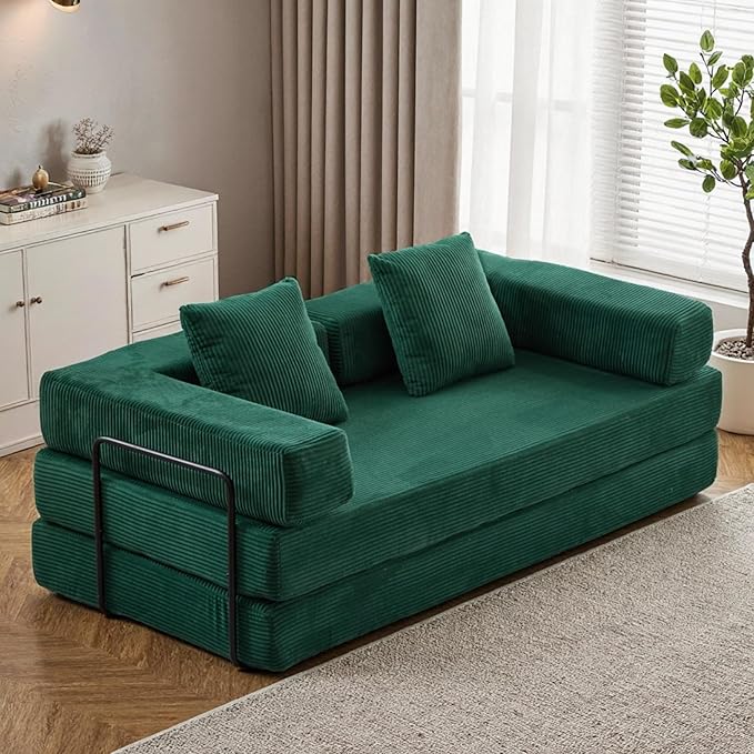 Convertible Floor Sofa Bed Fold Out Floor Couch with Pillow Back &amp Armrest Compressed Couch with Fixed-Shape Frame Corduroy Foldable Sleeper Sofa Bed for Living Room Bedroom Dark Green
