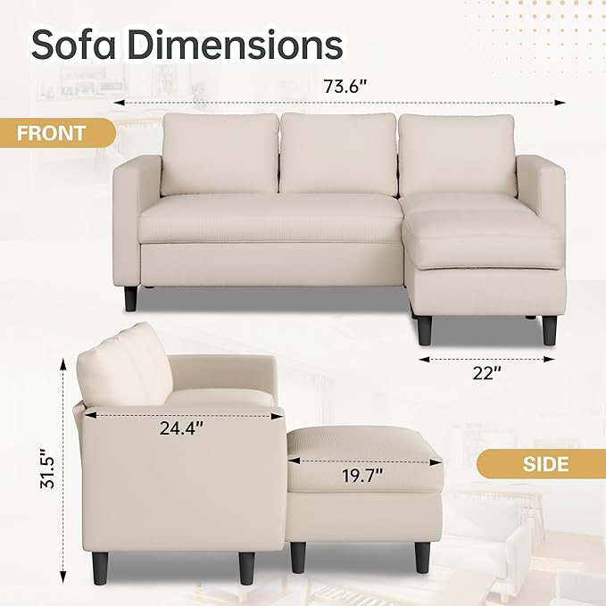 JAMFLY 3-Seat Convertible L-Shaped Sectional Sofa with Reversible Ottoman Upholstered Fabric Couch for Small Living Rooms Modern Modular Couch for Apartment Studio &amp Loft Beige