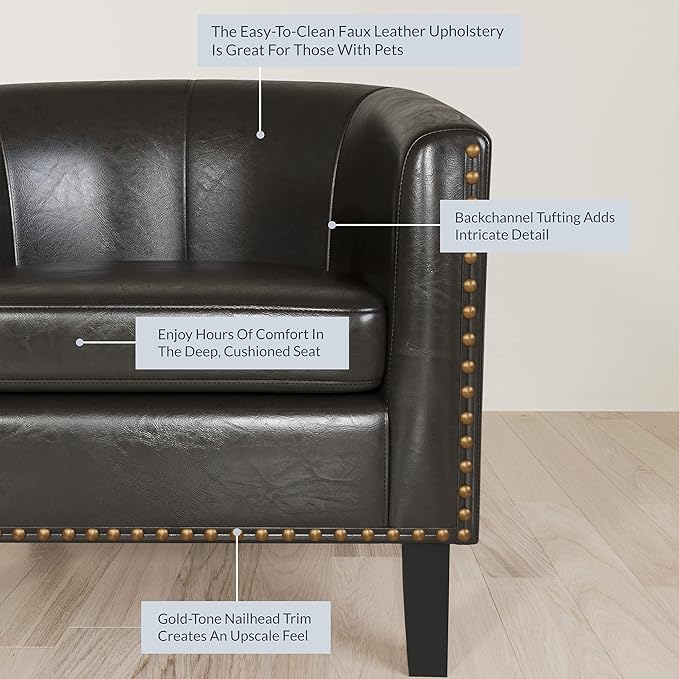 BELLEZE Accent Barrel Chair Set of 2 Modern Faux Leather Tub Club Chair Upholstered Armchair with Gold Nail Head Trim and Black Legs for Living Room Bedroom Apartment Lounge - Dark Brown