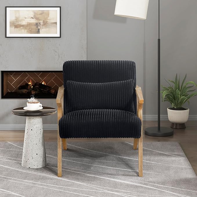 Lexicon Mid Century Modern Accent-Chair with Lumbar Pillow Brown Solid Wood Frame Comfy Corduroy Upholstered Lounge Arm Chair for Living Room/Bedroom/Office/Reading Nook Assembly Required Black