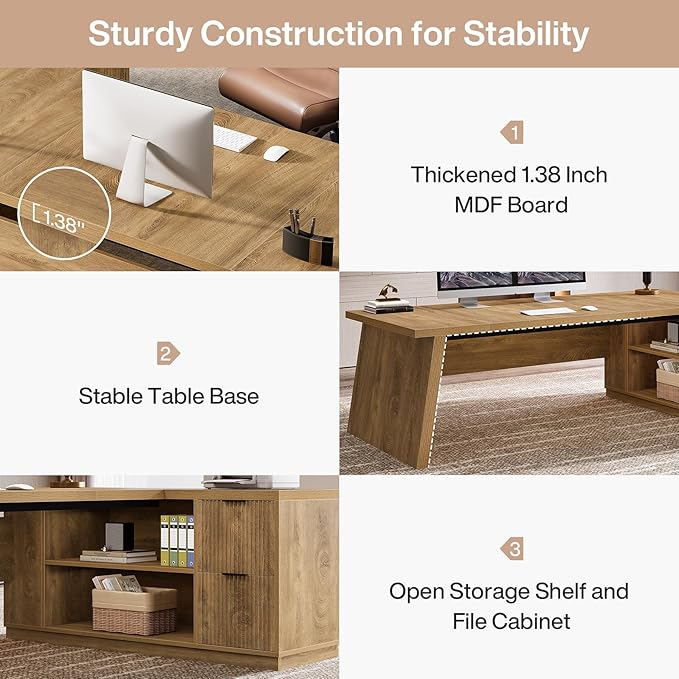 Tribesigns 78 L Shaped Desk with Drawers Large Executive Office Desk with File Cabinet and Shelves Modern Corner Computer Table Business Furniture for Home Office Brown